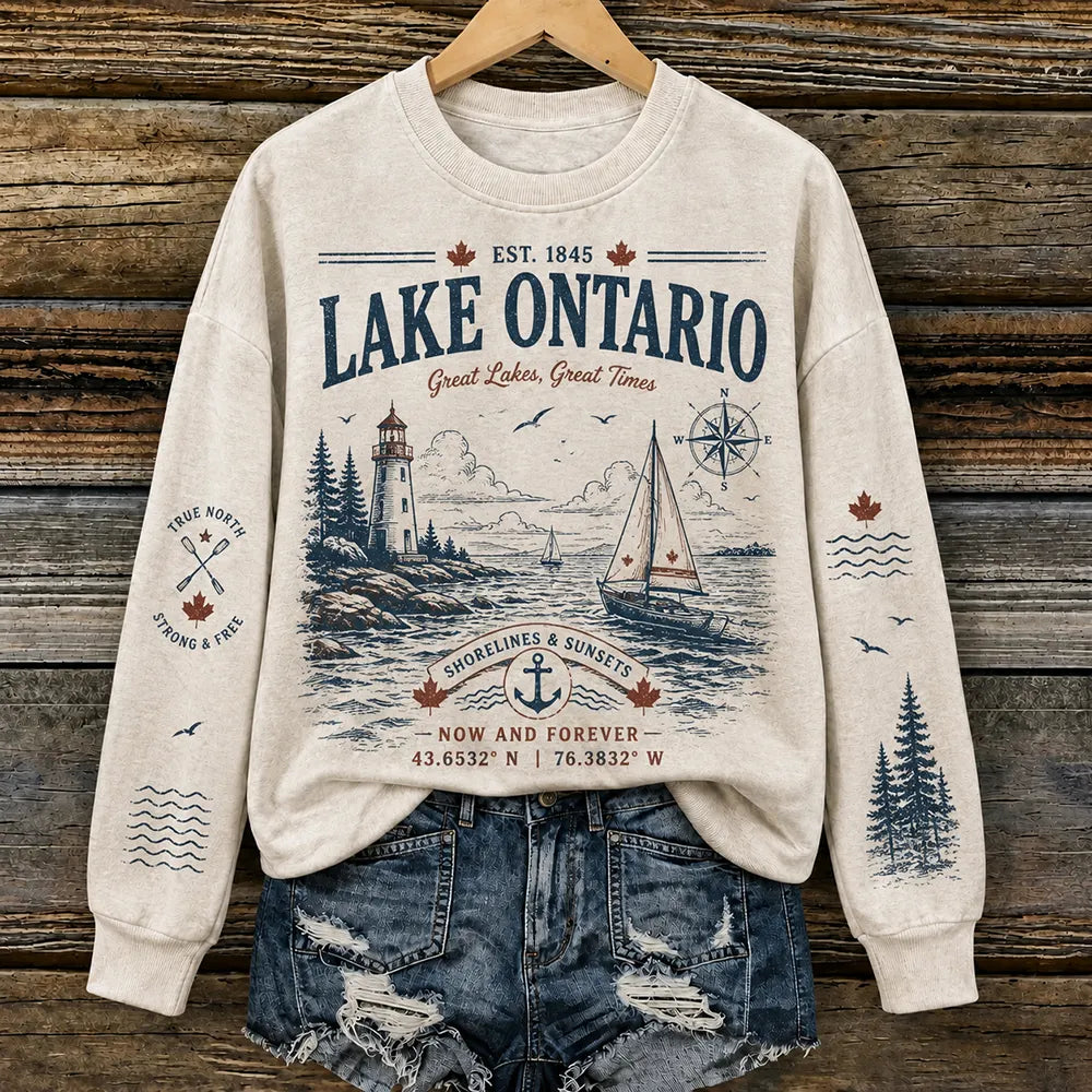 Women's Lake Ontario Graphic Crewneck Sweatshirt - Vintage Lighthouse & Sailboat Print