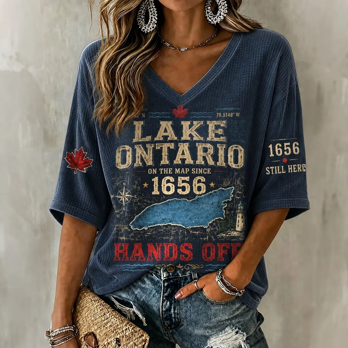 Women's V-neck Lake Ontario Print T-shirt
