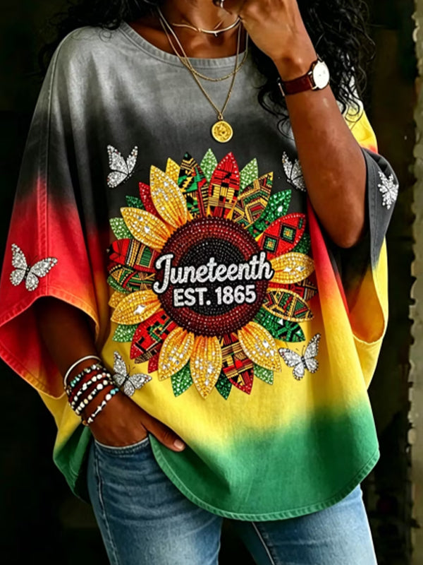 Women's Juneteenth EST.1865 Sunflower Art Print Casual T-Shirt