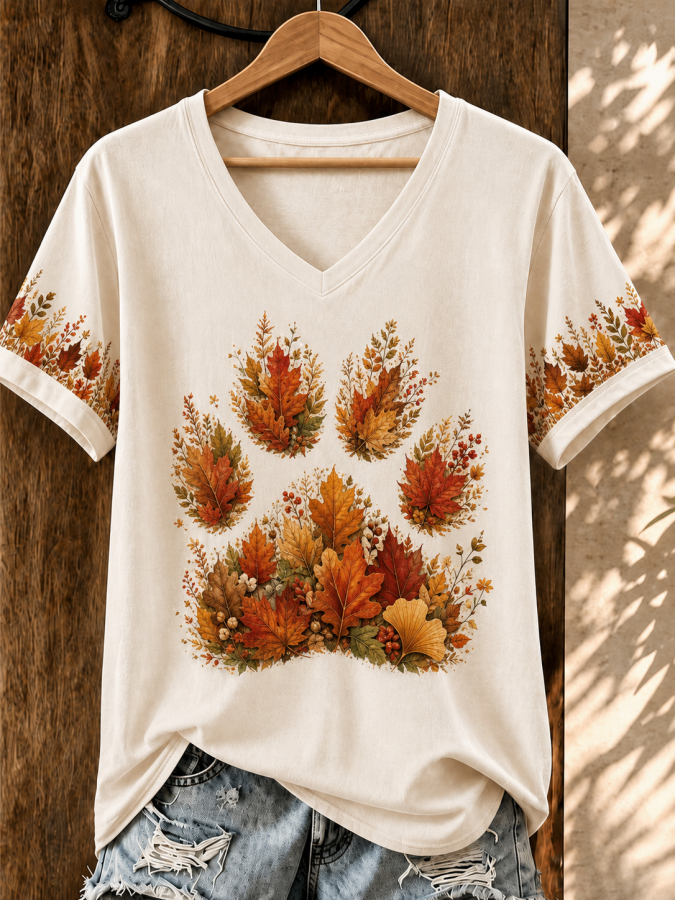 Women'S Cat Printed V-Neck T-Shirt