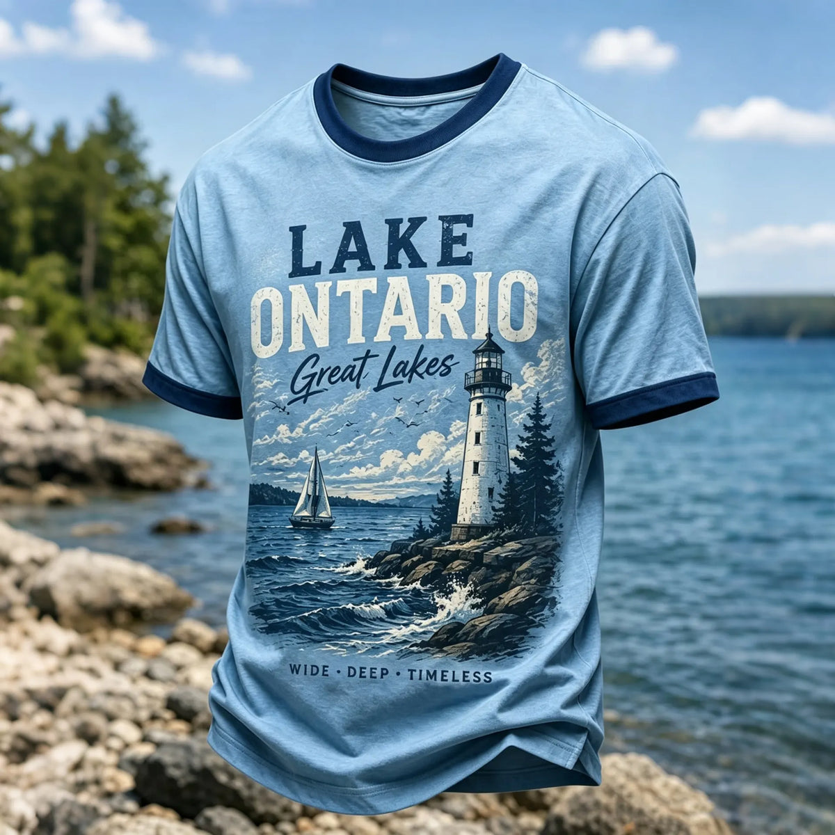 Men's Lake Ontario Lighthouse Landscape Print Crew Neck Short Sleeve T-shirt