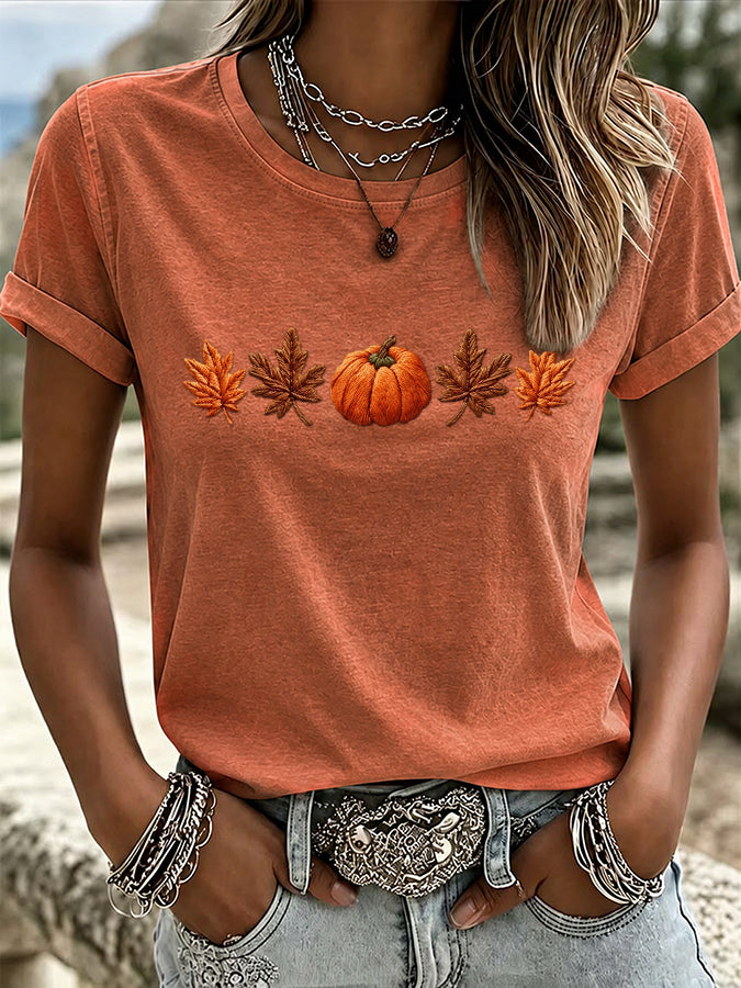 Women's Pumpkin Maple Leaf Print Crew Neck T-Shirt