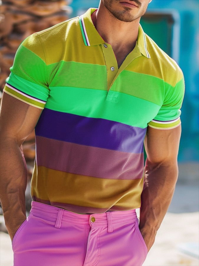 Men's Rainbow Multicolor Stripe Print Polo Shirt