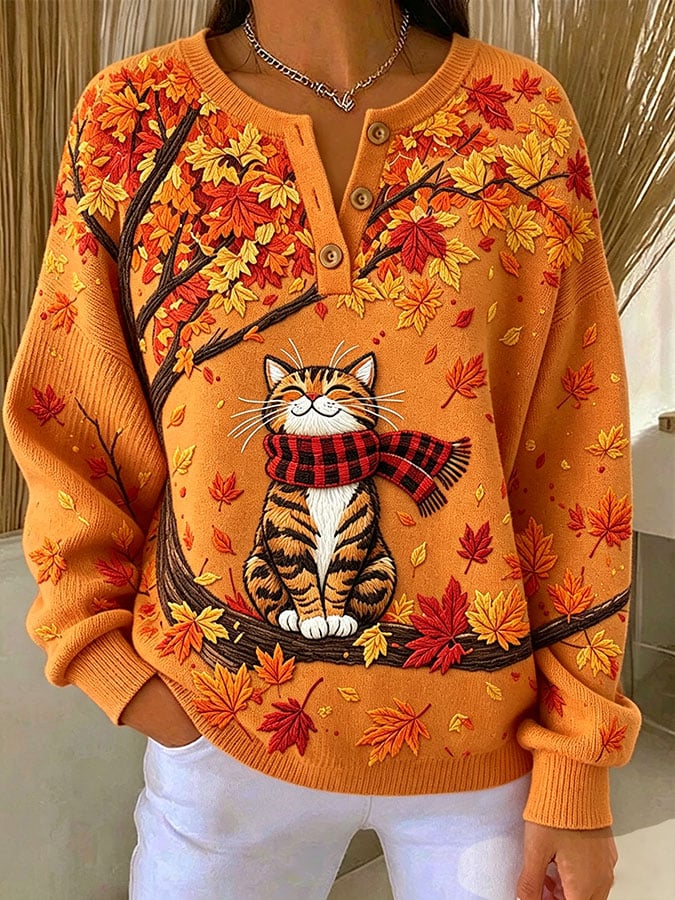 Women's Casual Print Button-Up Collar Knit Top