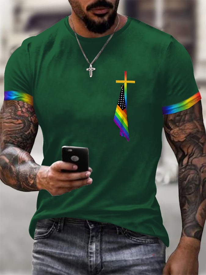 Men's Cross Flag Print Crew Neck T-Shirt