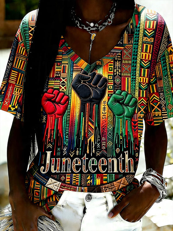 Women's Juneteenth United Blacks Powerful Fists Print Casual V Neck T-Shirt