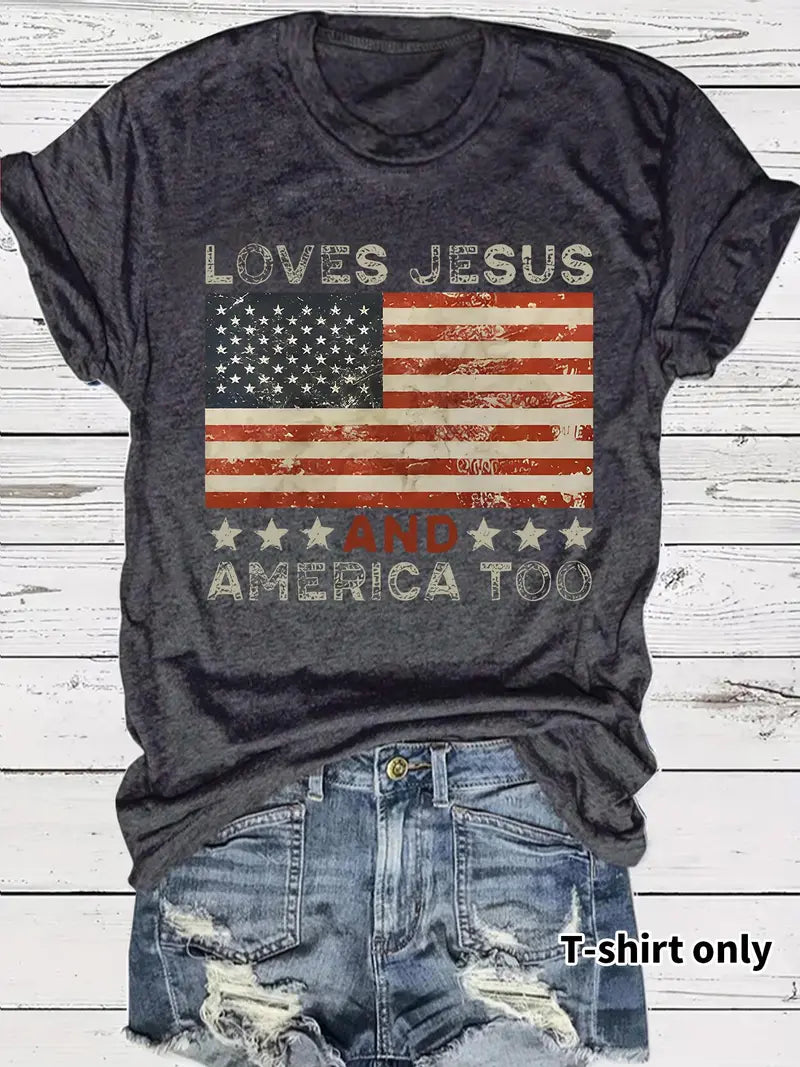 Women's American Flag Print Graphic Round Neck Tee