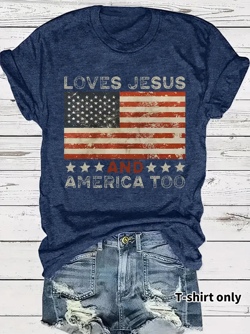 Women's American Flag Print Graphic Round Neck Tee