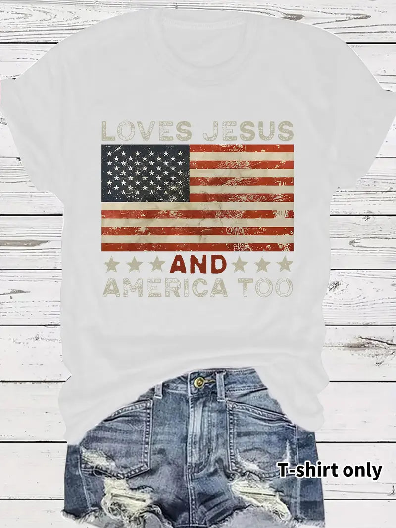Women's American Flag Print Graphic Round Neck Tee
