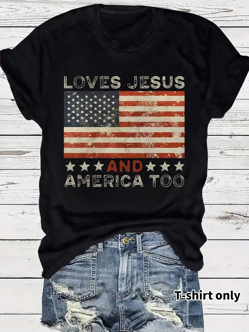 Women's American Flag Print Graphic Round Neck Tee
