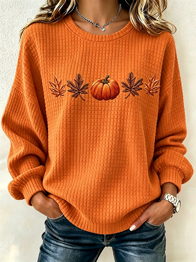 Women's Pumpkin Print Crew Neck Check Sweatshirt
