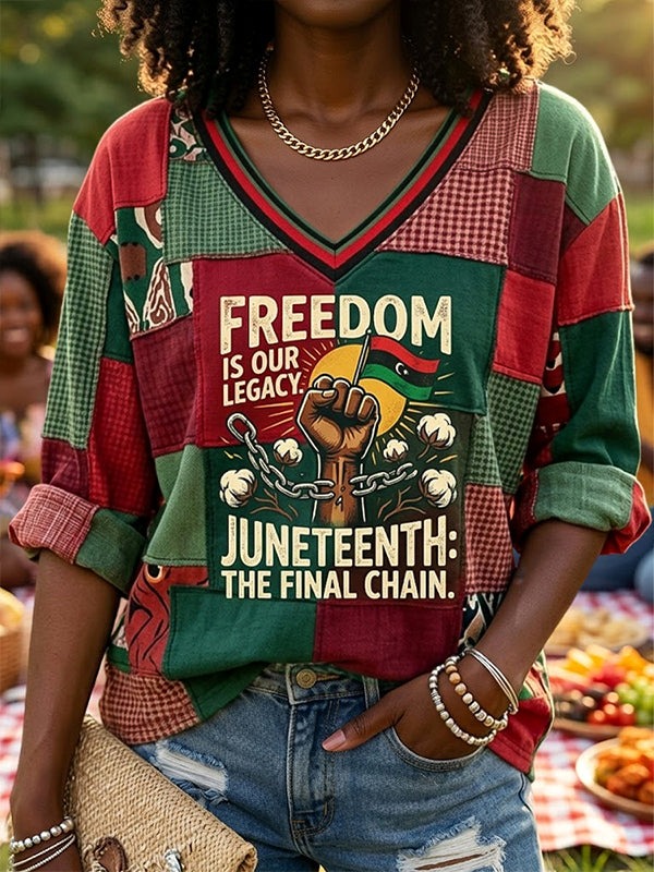 Women's Freedom Is Our Legacy Juneteenth The Final Chain Print Casual V Neck T-Shirt
