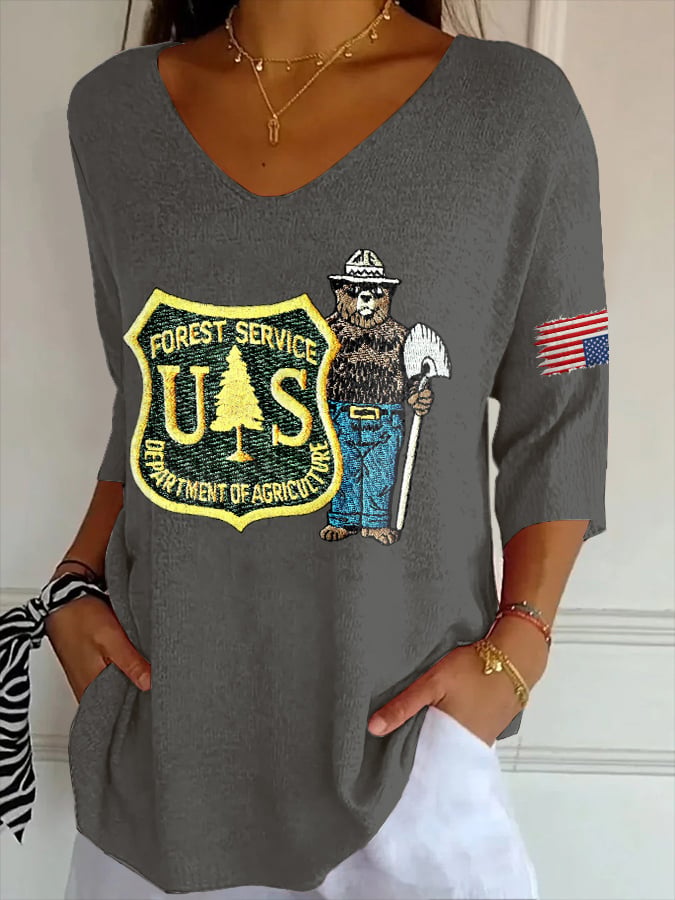 V- Neck Retro Save The Forest Service Print Shirt