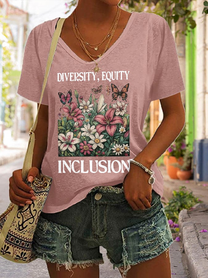 Women's Diversity Equity Inclusion Print V Neck T-Shirt