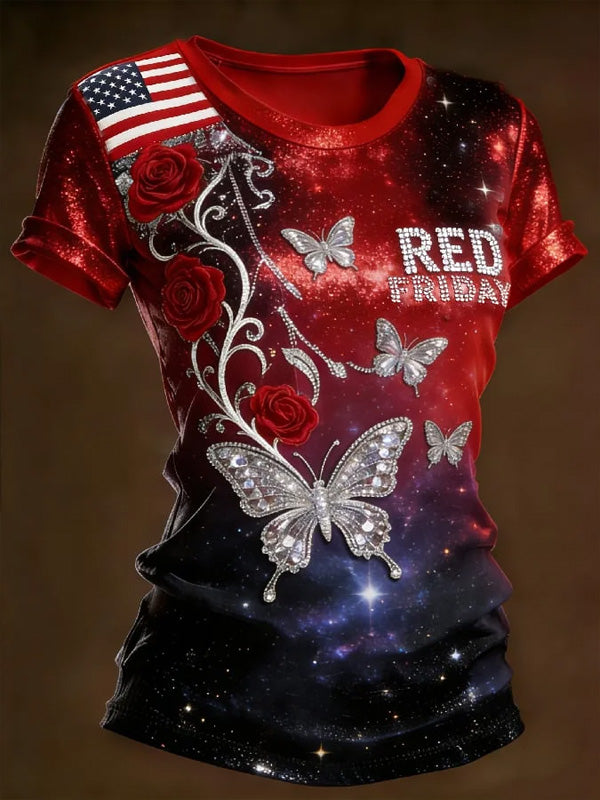 Women's Independence Day Gradient Butterfly Print Casual T-Shirt