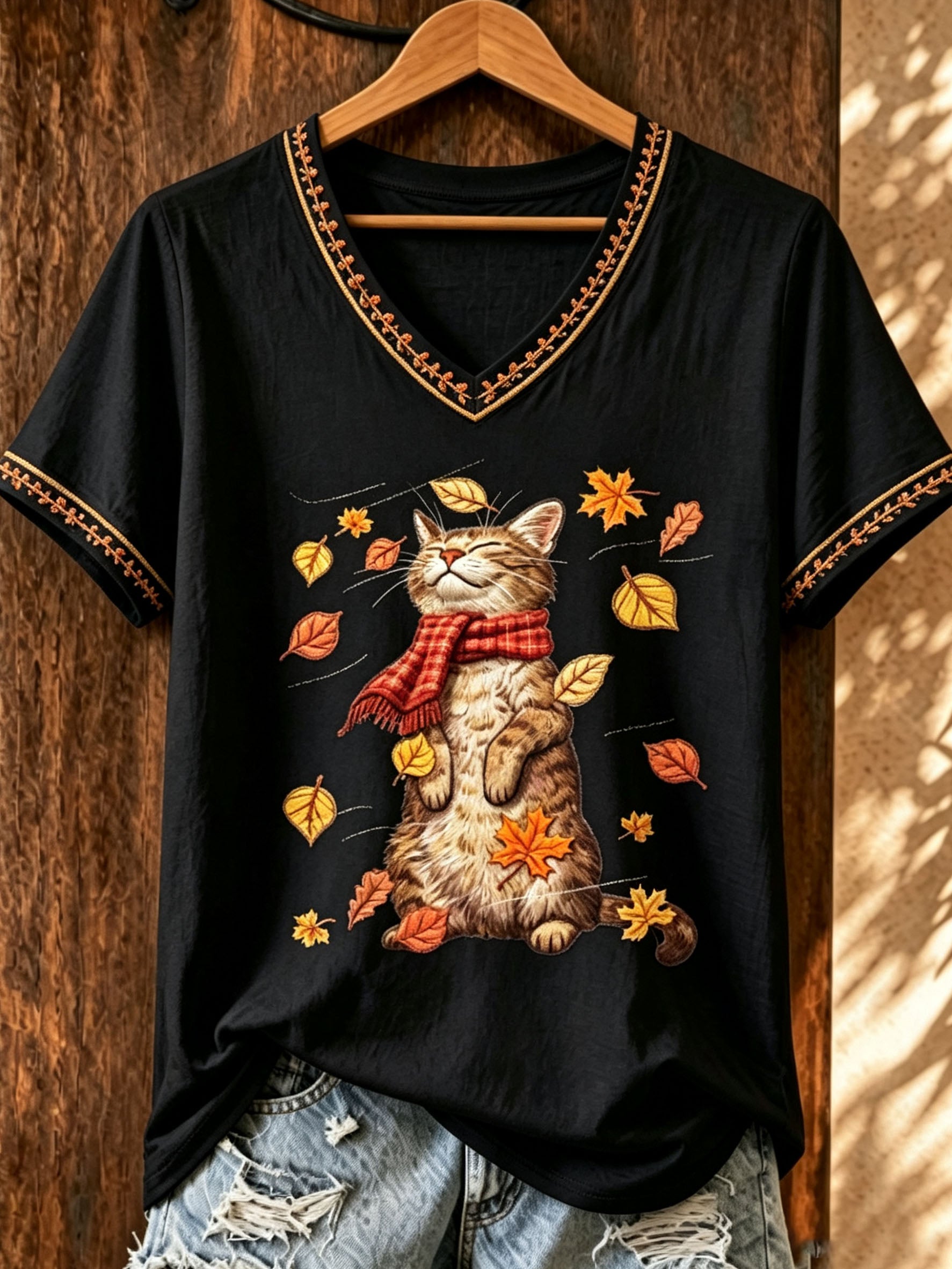 Women's Autumn Leaves Print Casual T-shirt