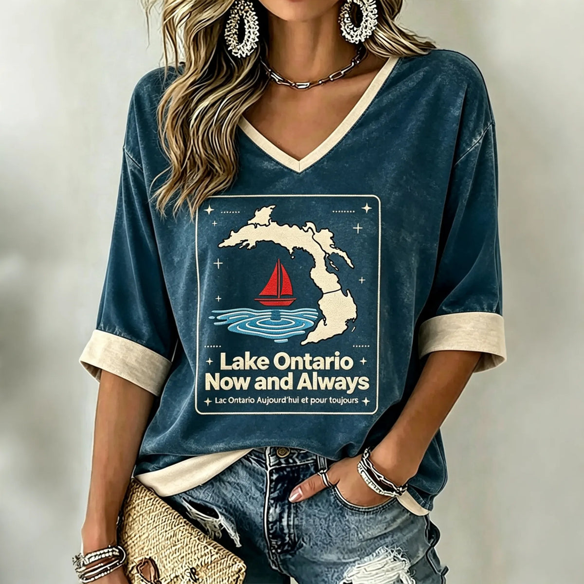 Women's Lake Ontario Printed Mid-length Sleeves V-neck T-shirt