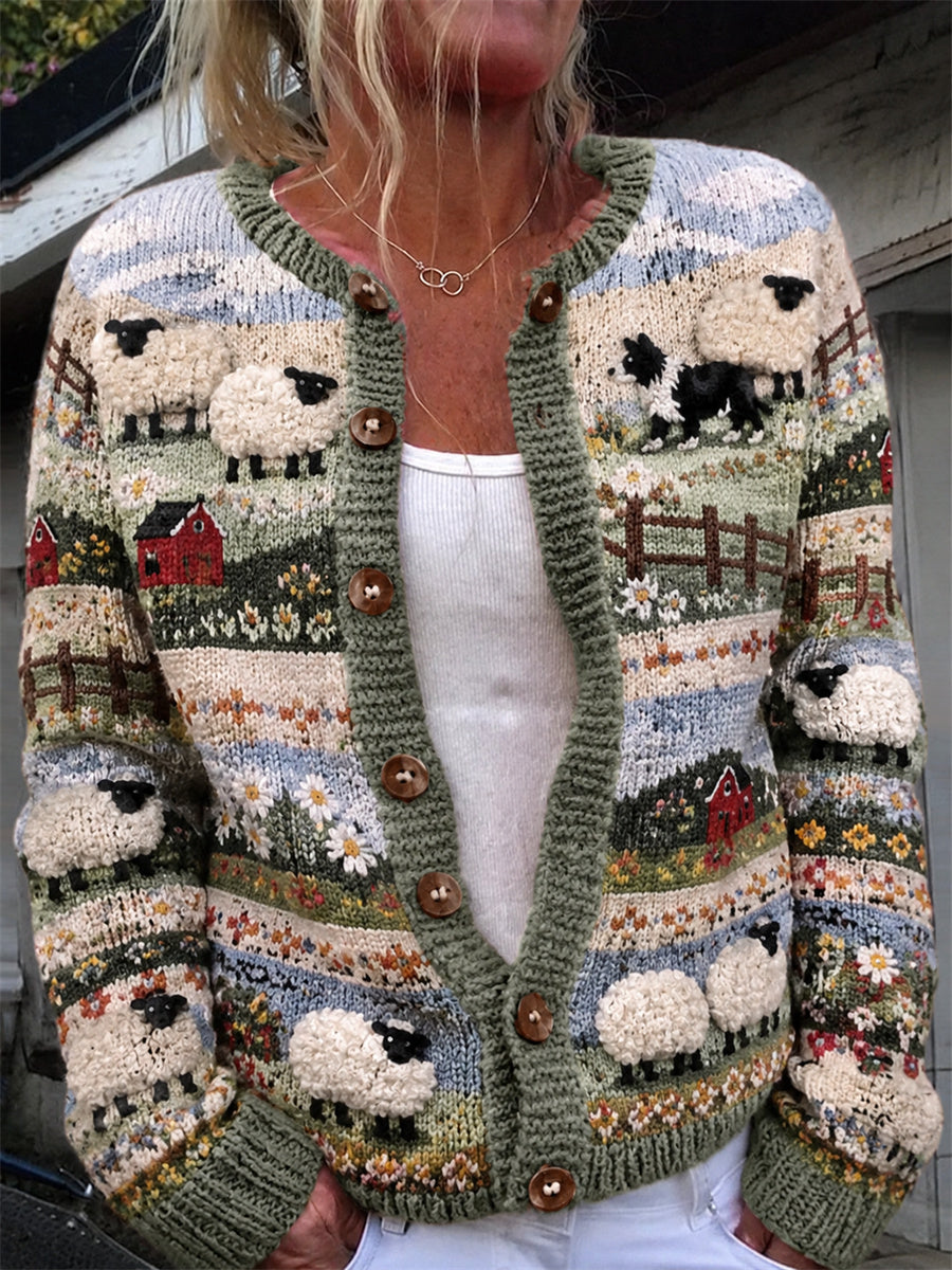 Women's Vintage Border Collie & Sheep Farm Landscape Print Cozy Cardigan