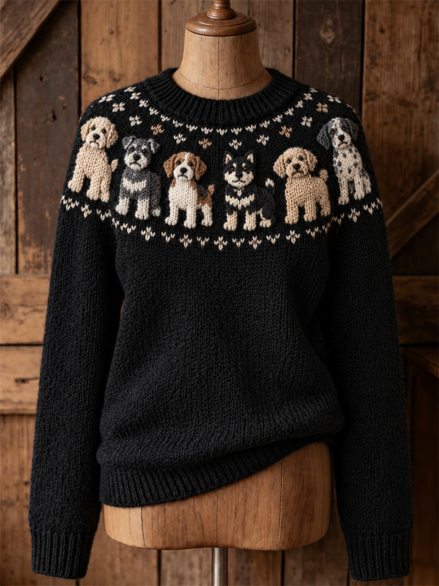 Women's Vintage Dogs Yoke Isle Pattern Print crew neck sweater