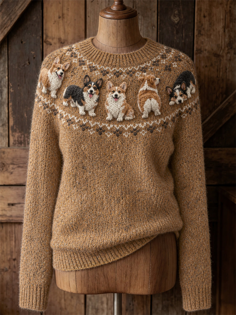 Women's Vintage Lovely Corgi Dogs Yoke Isle Print crew neck sweater