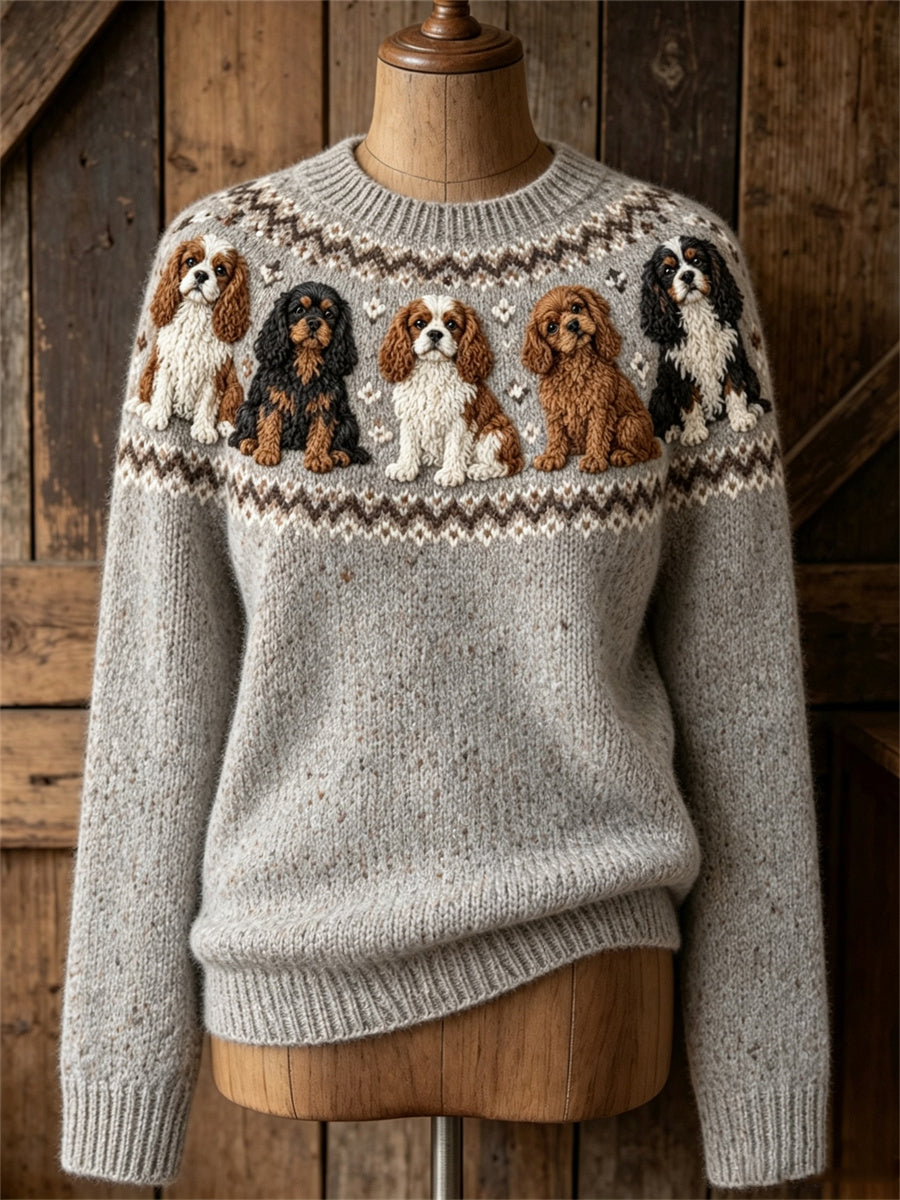 Women's Vintage Cavalier Dogs Yoke Isle Print Cozy crew neck sweater