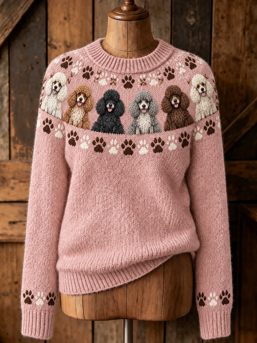 Women's Vintage Cute Poodle Dogs Yoke Isle Print Long-sleeved Sweater