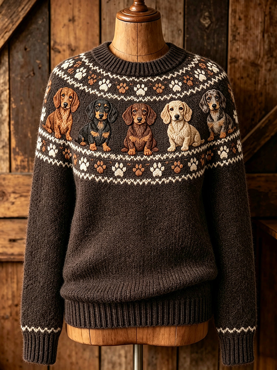 Women's Vintage Cute Dachshund Dogs Yoke Isle Print Long-sleeved Sweater