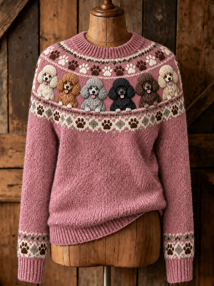 Women's Vintage Cute Poodle Dogs Yoke Isle Print Long-sleeved Sweater