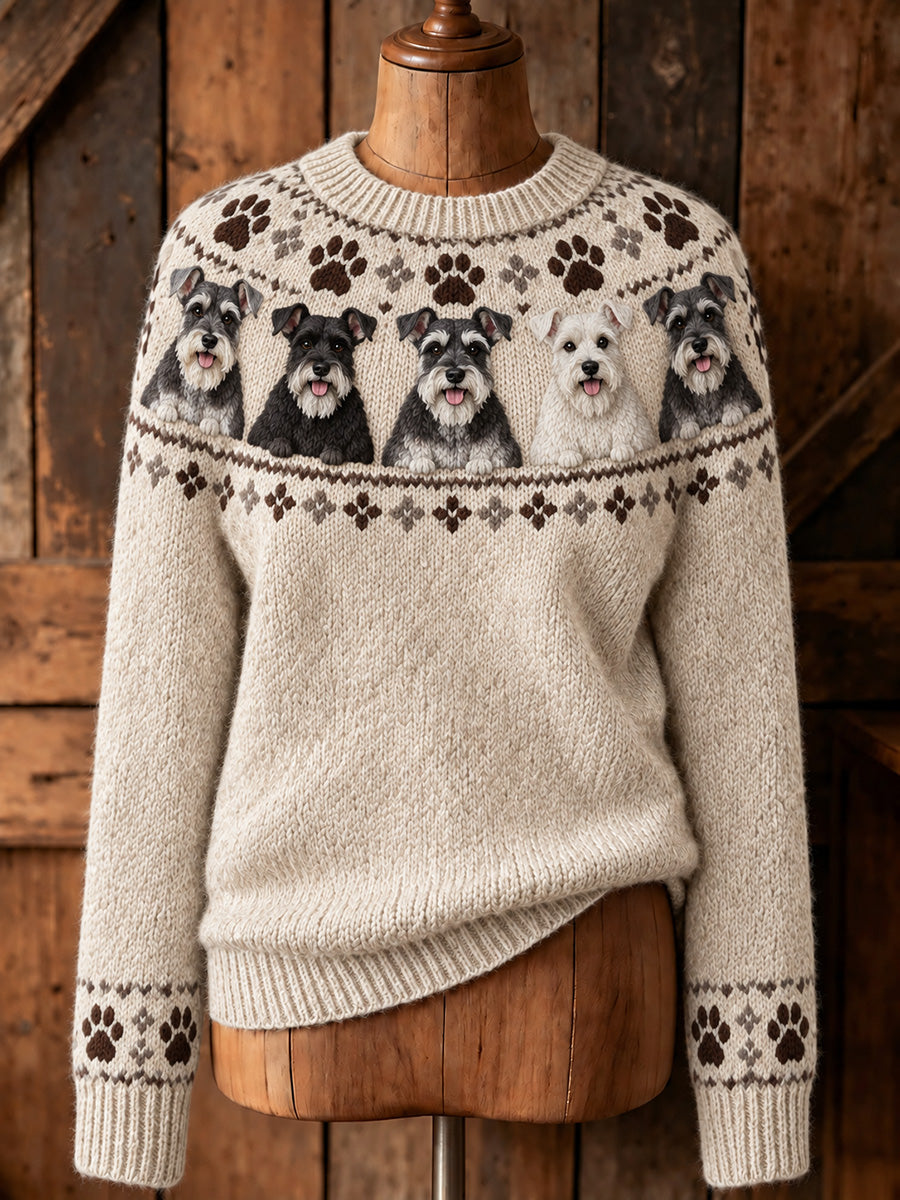 Women's Vintage Schnauzer Dogs Yoke Isle Print Long-sleeved Sweater