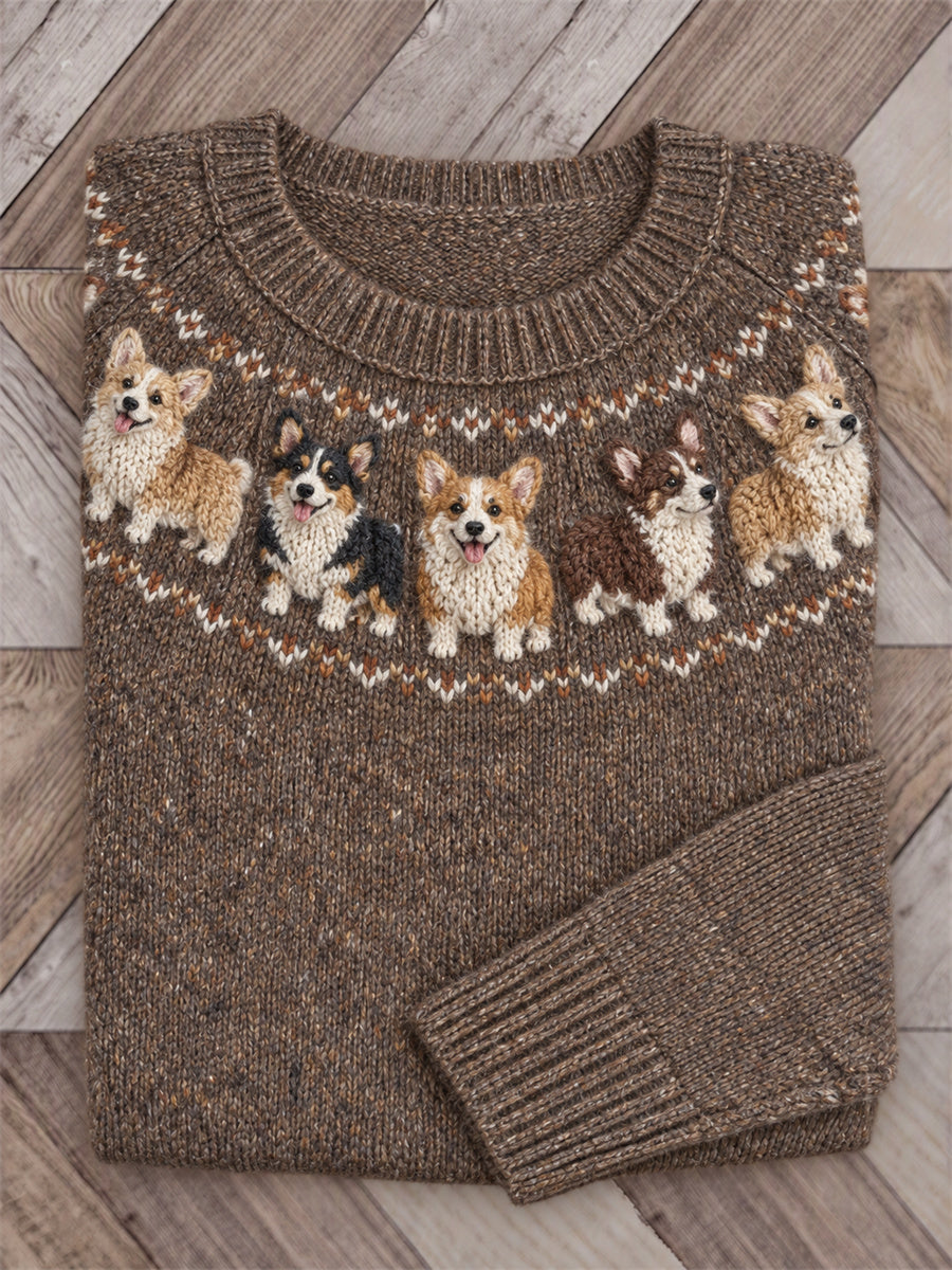Women's Vintage Corgi Dogs Yoke Isle Print crew neck sweater