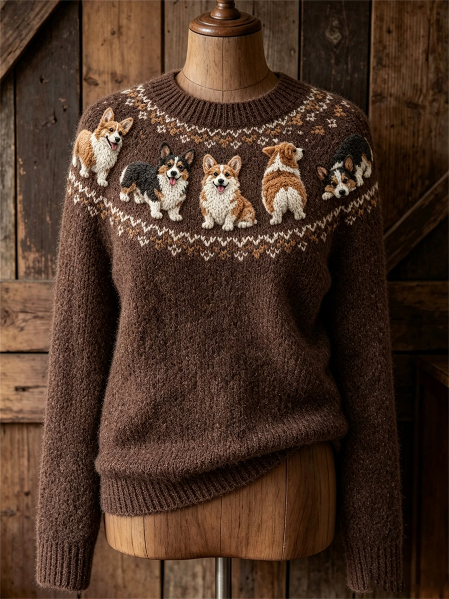 Women's Vintage Lovely Corgi Dogs Yoke Isle Print crew neck sweater