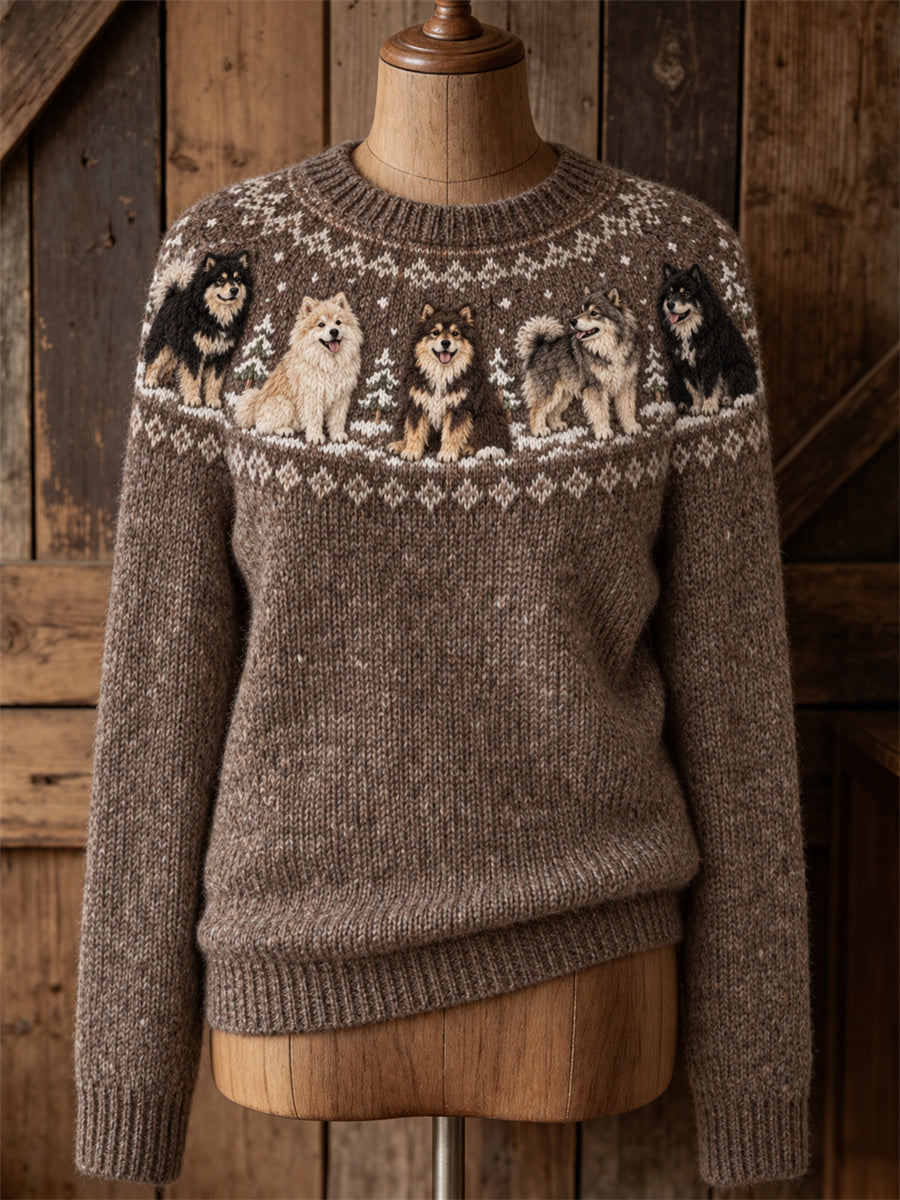 Women's Vintage Finnish Lapphund Dogs Yoke Isle Print crew neck sweater
