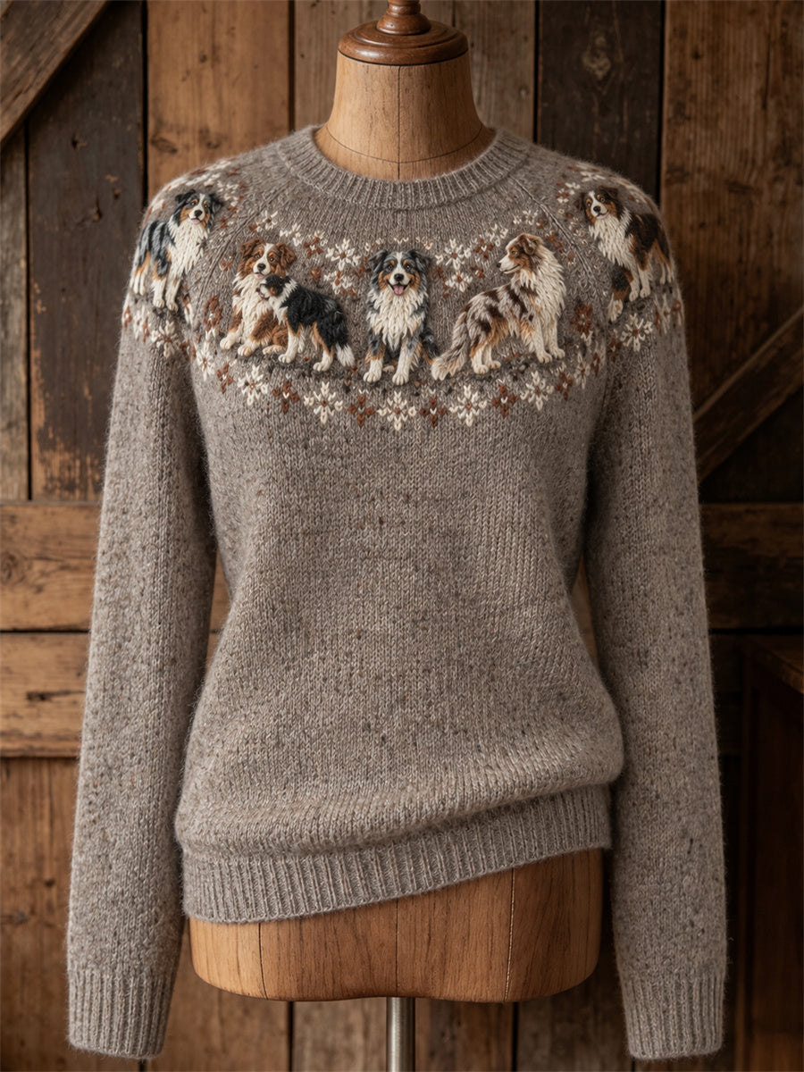 Women's Australian Shepherd Dogs Yoke Isle Print crew neck sweater