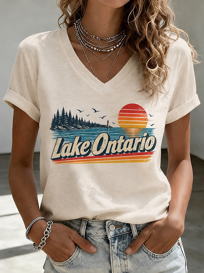Women's Lake Ontario Art Print Casual V Neck T-shirt