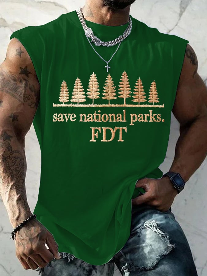 Men'S Retro Save National Parks FDT Print Sleeveless Tank Top