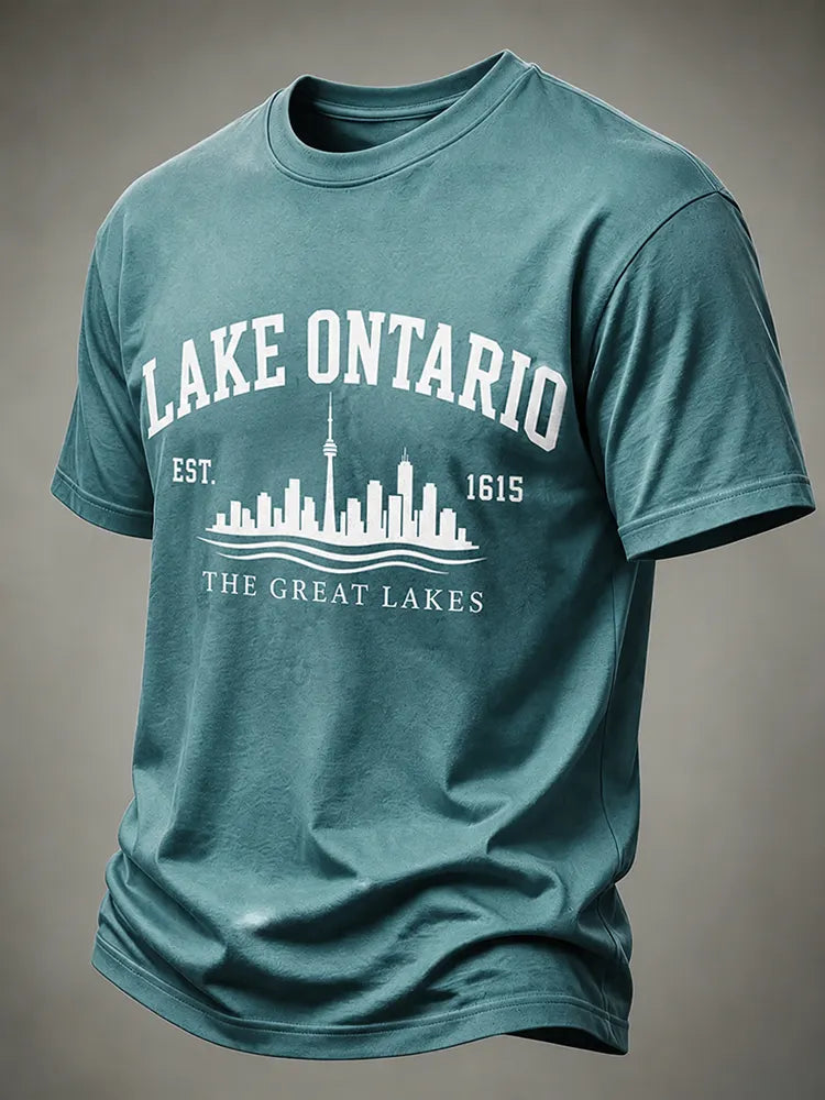 Men's Retro Lake Ontario Printed Casual Crew Neck T-shirt
