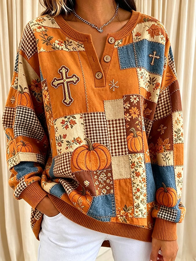 Women's Casual Print Button-Up Collar Knit Top