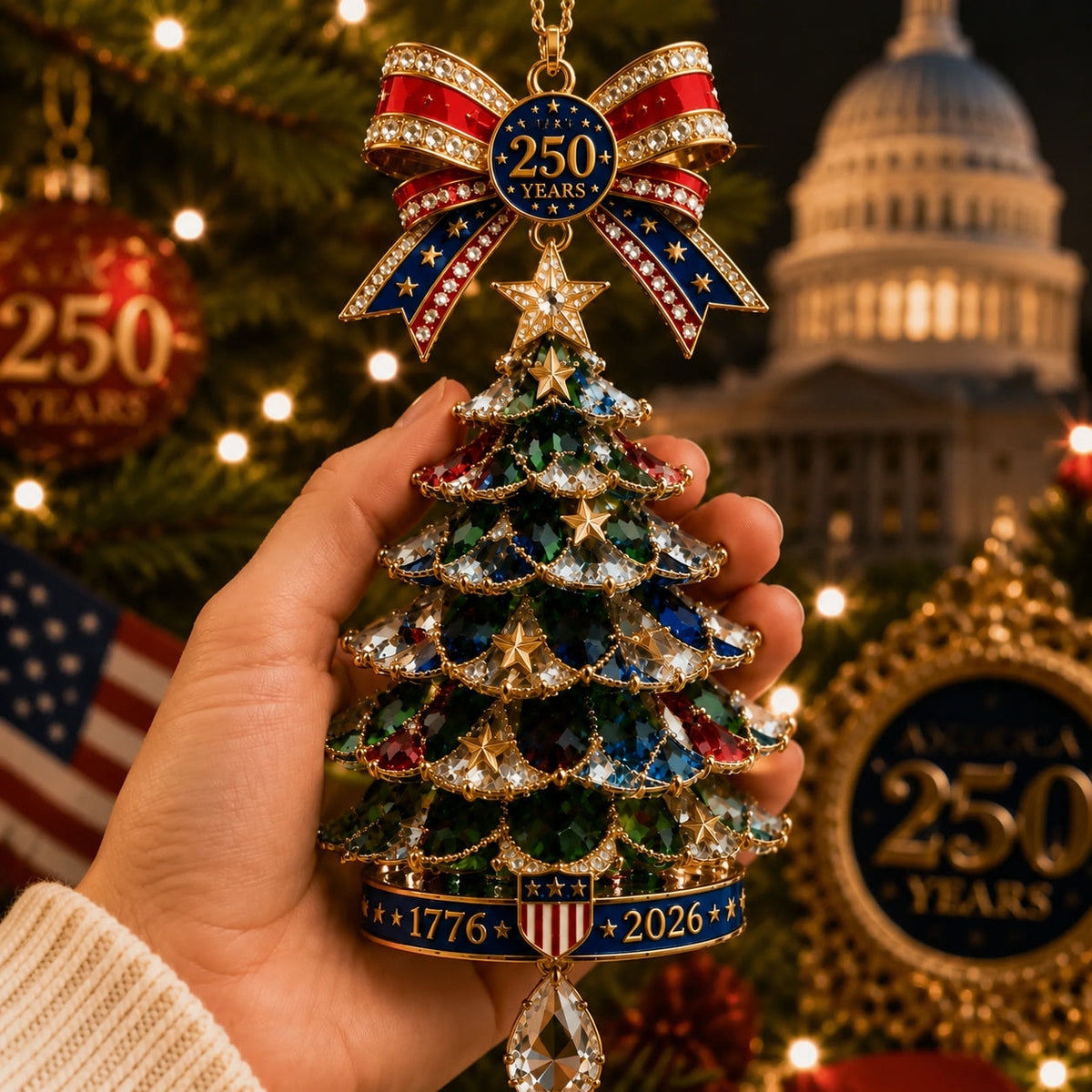 🎄250th Anniversary Jeweled Christmas Tree Ornament (1776–2026)