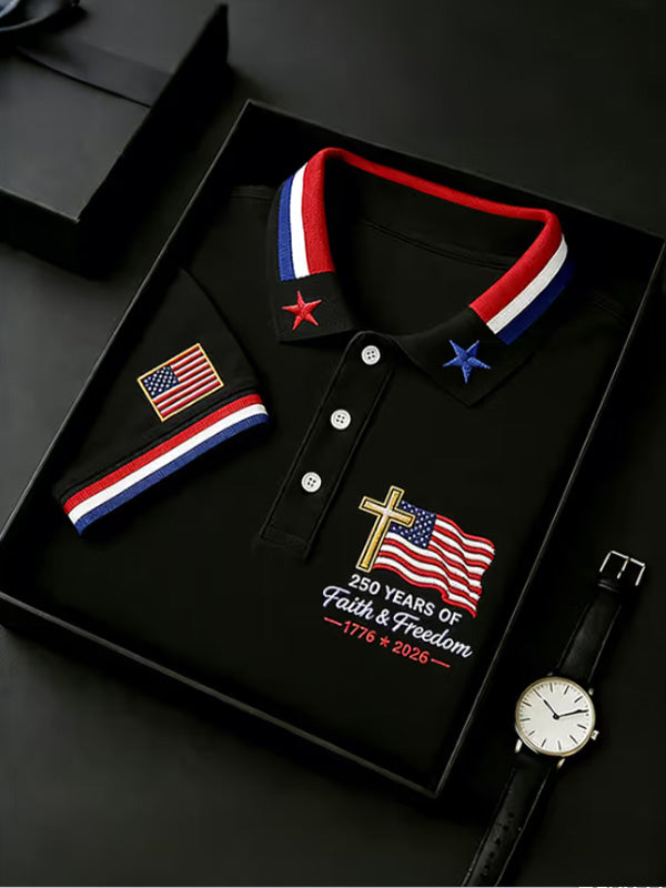 Men's 250 Years Of Faith And Freedom Flag Printed Short Sleeve Polo Shirt