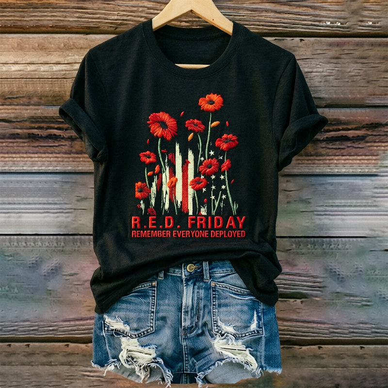 Women's "Red Friday" Poppy 3D Embroidered & Printed Crew-Neck T-Shirt