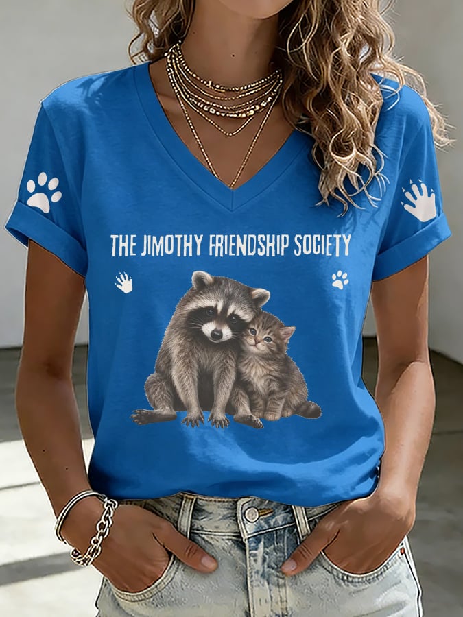 V-Neck Retro The Jimothy Friendship Society Print T-Shirt