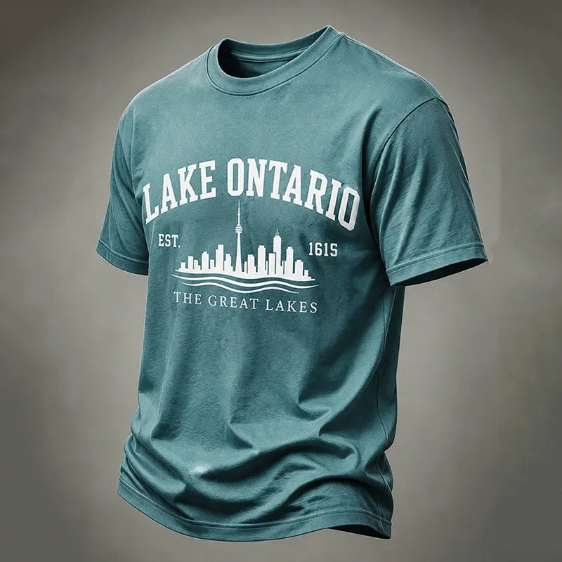 Men's Retro Lake Ontario Printed Casual Crew Neck T-shirt
