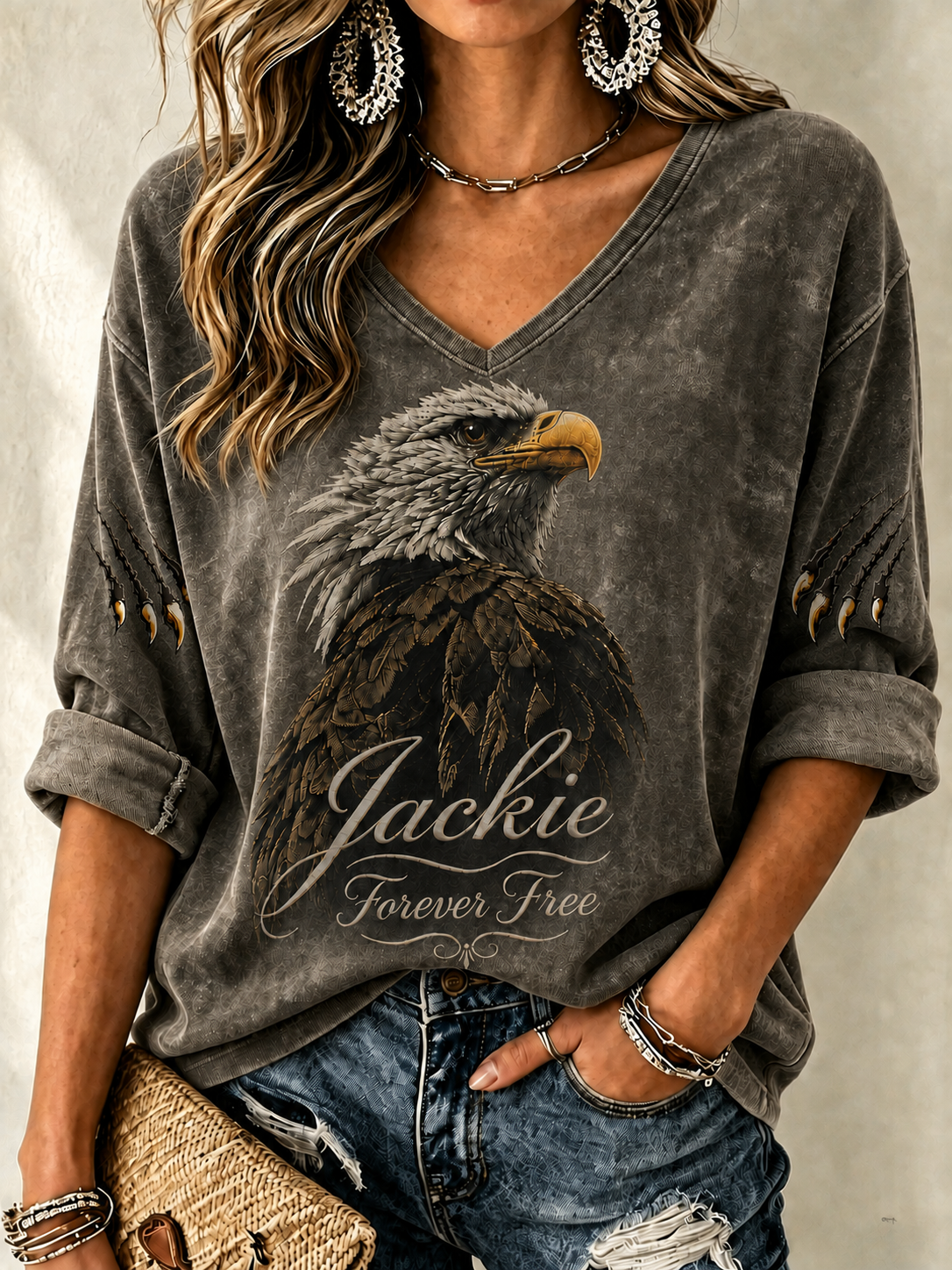Women's V-Neck Retro Forever Free Printed T-shirt