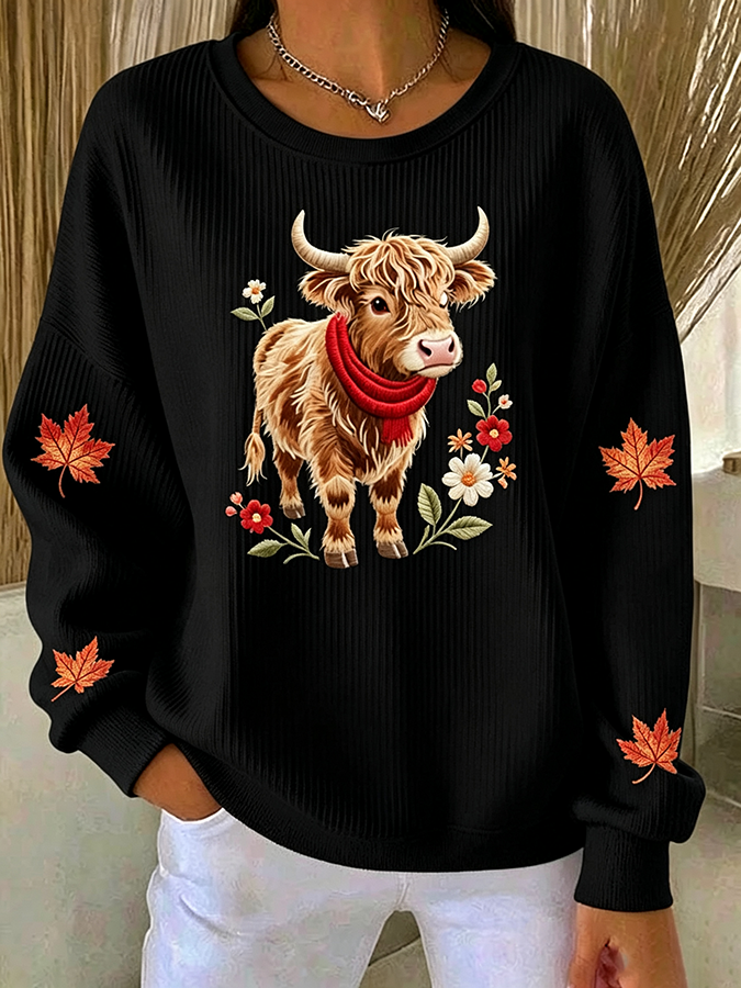 Women'S Autumn Highland Cow Embroidered Round Neck Sweatshirt
