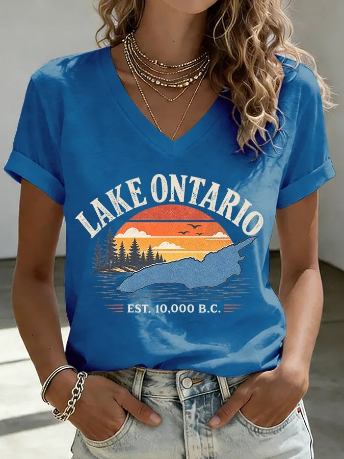 Women's V-neck Retro Lake Ontario Est. 10,000 B.c. Print T-shirt