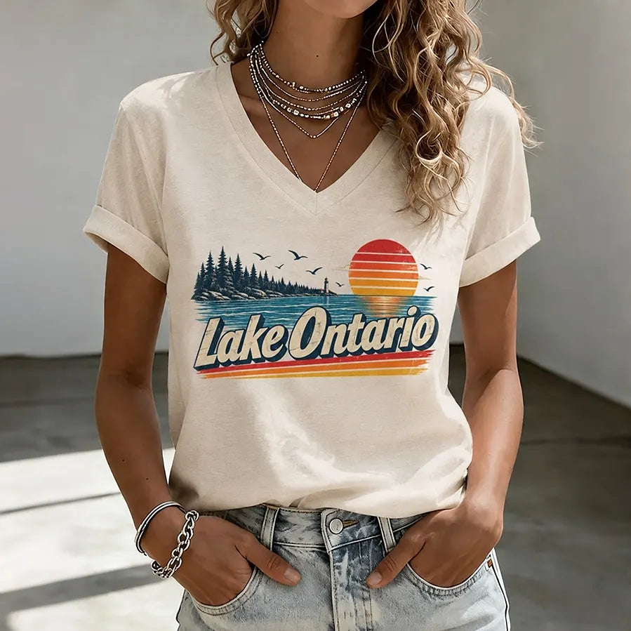 Women's Lake Ontario Art Print Casual V Neck T-shirt