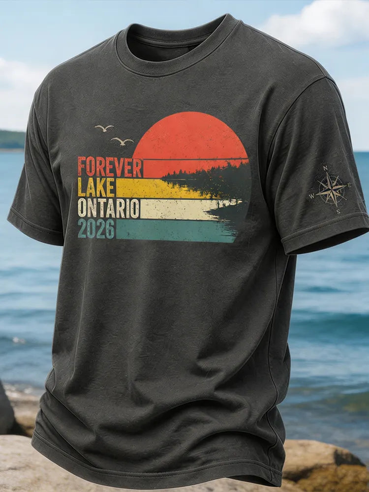 Forever Lake Ontario 2026 Retro Sunset Striped T-shirt