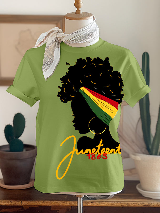 Women's Black Woman Profile Juneteenth 1865 Print Casual T-Shirt