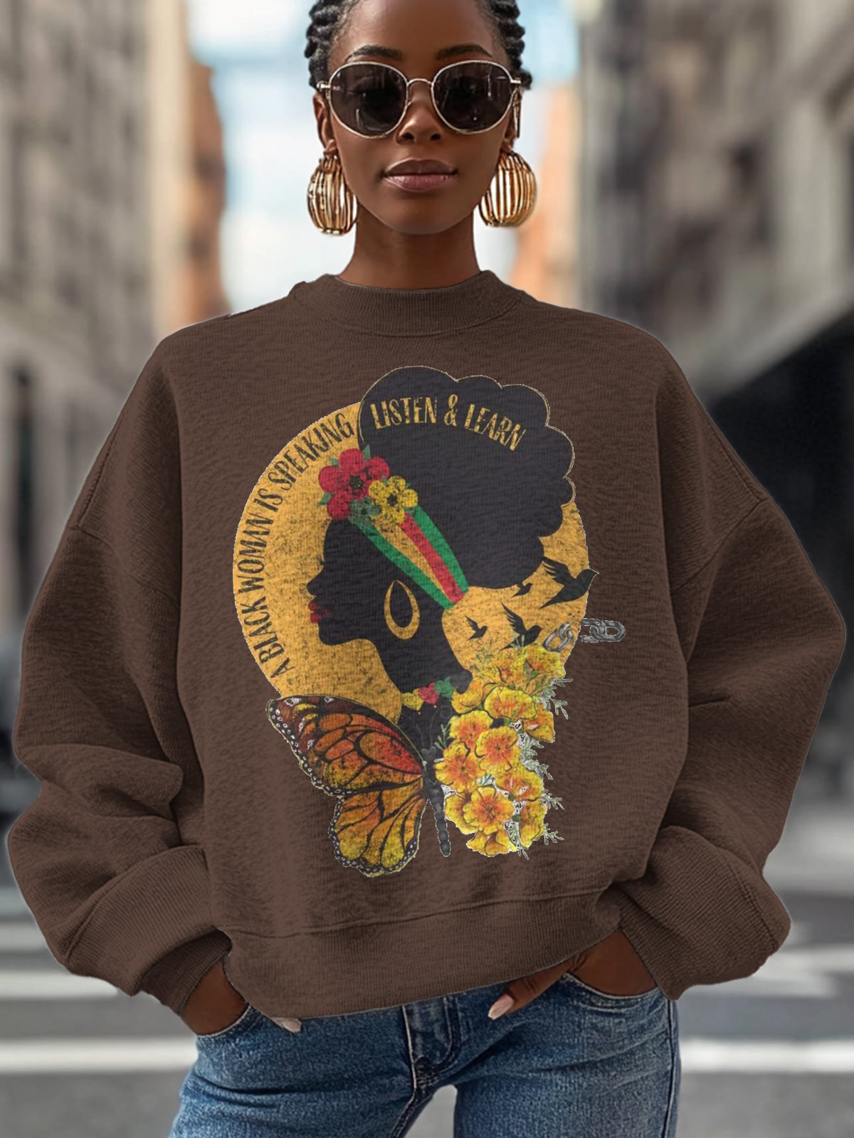 Women's Black Woman Speaking Black History Month Juneteenth Print Cotton Long Sleeve T-Shirt Thin Sweatshirt