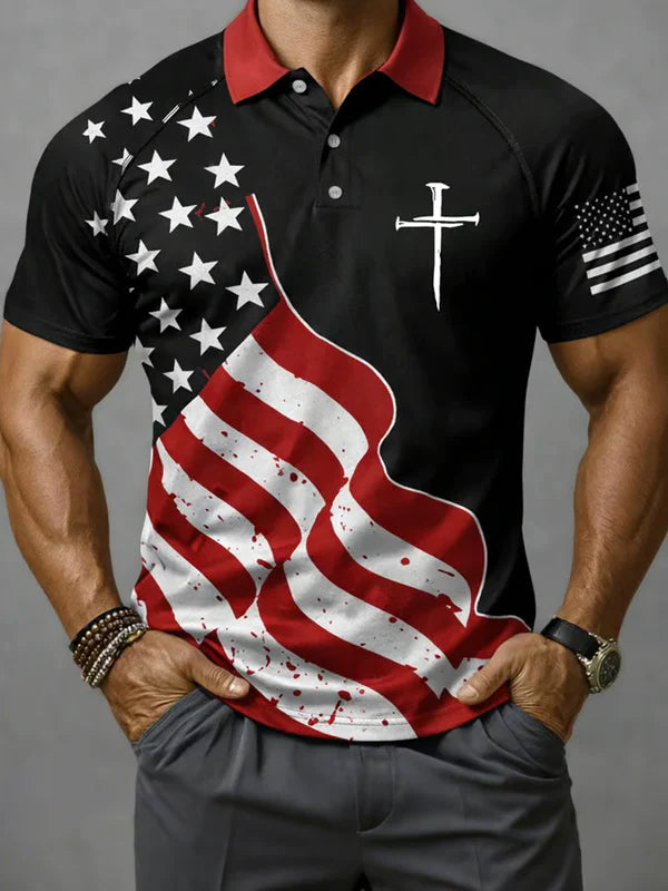 Men's American Flag And Cross Faith Print Polo Shirt